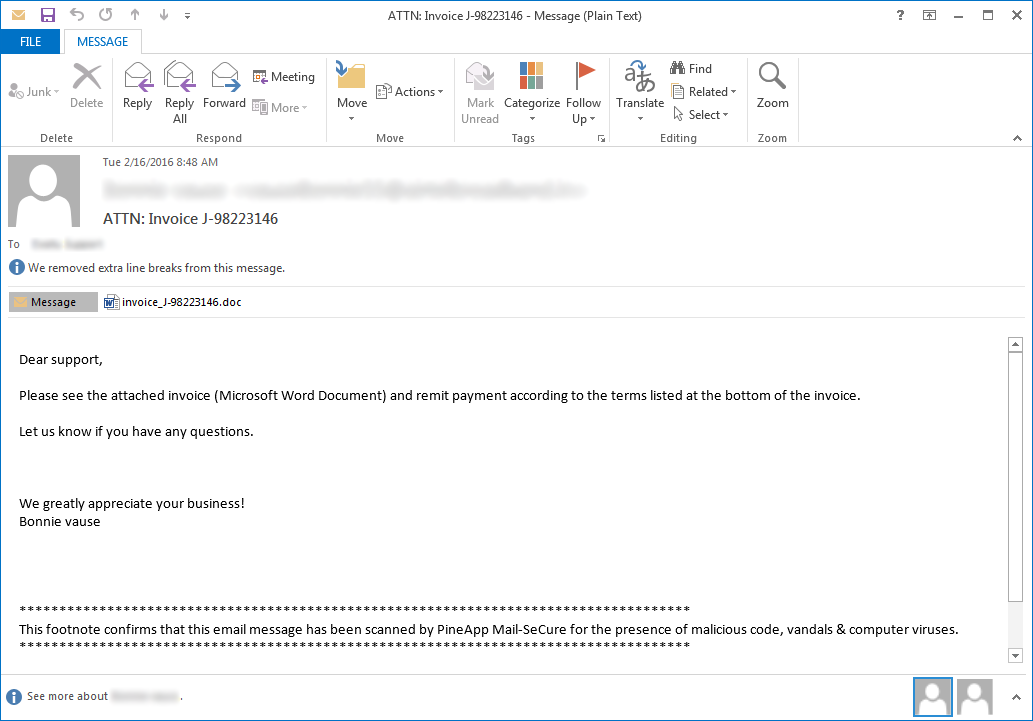 Beispiel für eine Locky-Ransomware-Spam-Nachricht