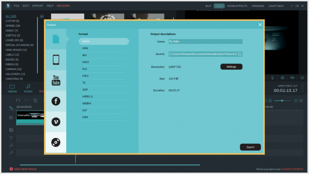 Wondershare Filmora export options 
