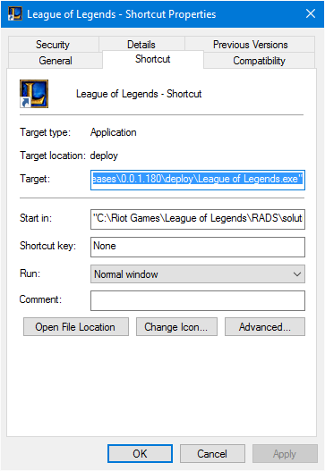 Editing LoL executable link properties