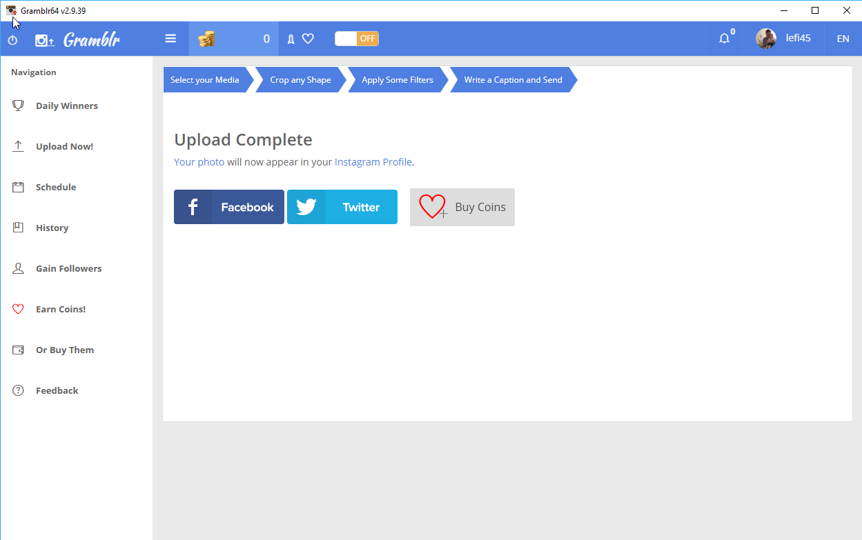 Verknüpfung zu Twitter und Facebook in Gramblr