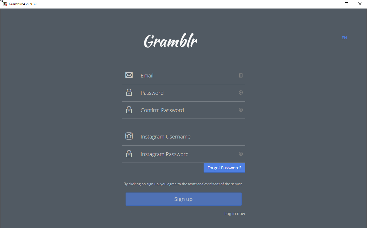 Gramblr-Anmeldebildschirm